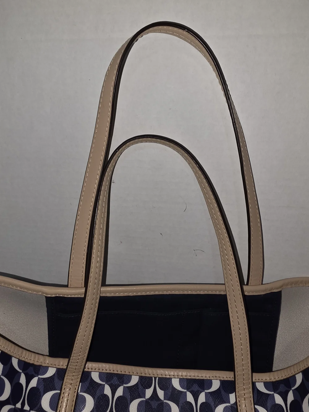 COACH Signature Navy Canvas Tote with Tan Leather Trim